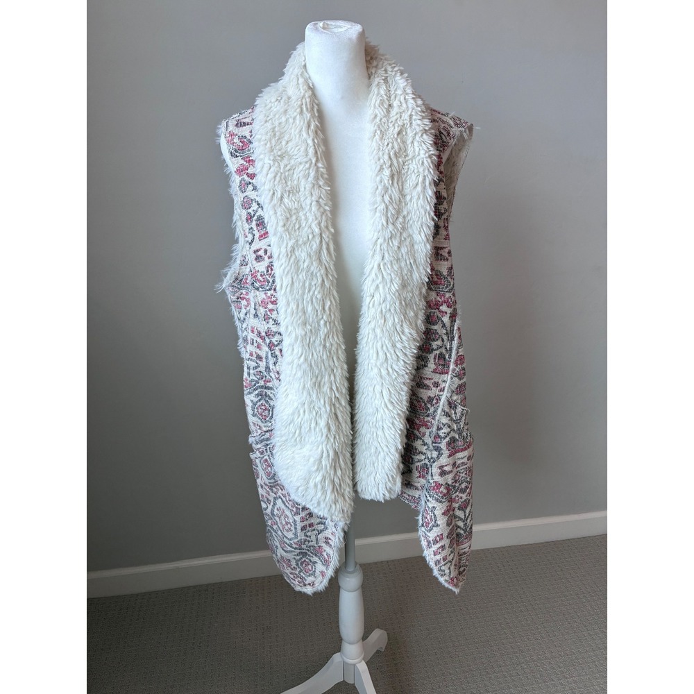 Hei Hei Anthropologie Cream Bohemian Floral Vest Faux Fur Collar Sleeveless L